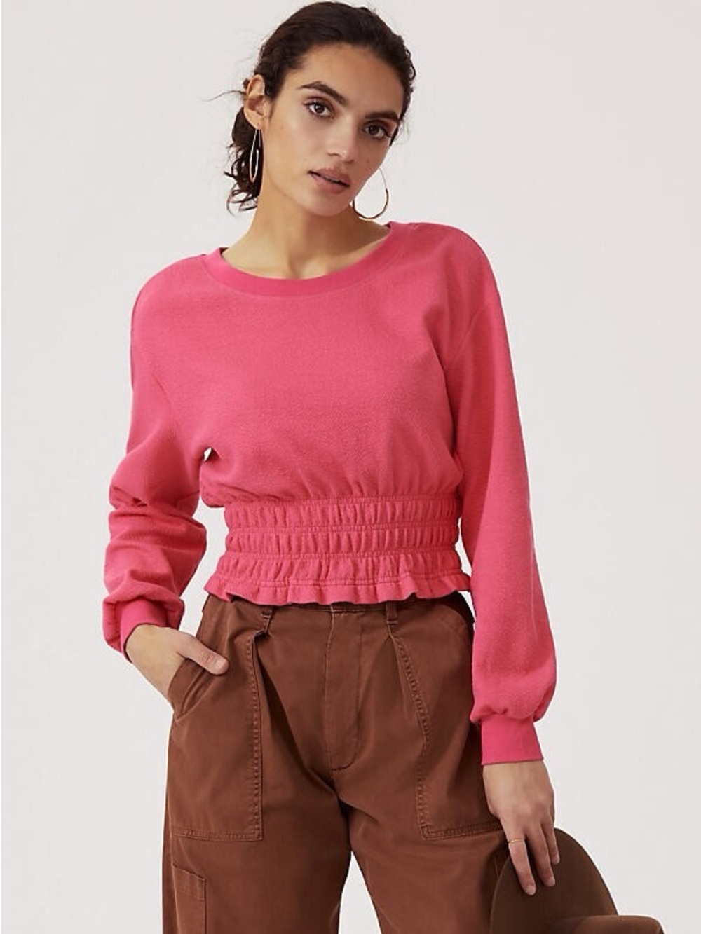 Anthropologie Maeve Pink Smocked Boat Neck Pullover - x small